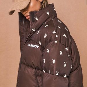 Playboy Chocolate Bunny Print Puffer Jacket NWT